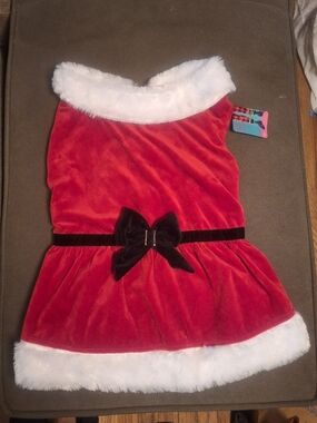 Dog Mrs Claws, Red Velvet Holiday Dress Costume with Black Bow - Dog